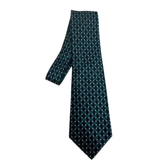 Aquascutum of London 100% Silk Neck Tie Geometric Pattern Silk Blue Green - Picture 2 of 5